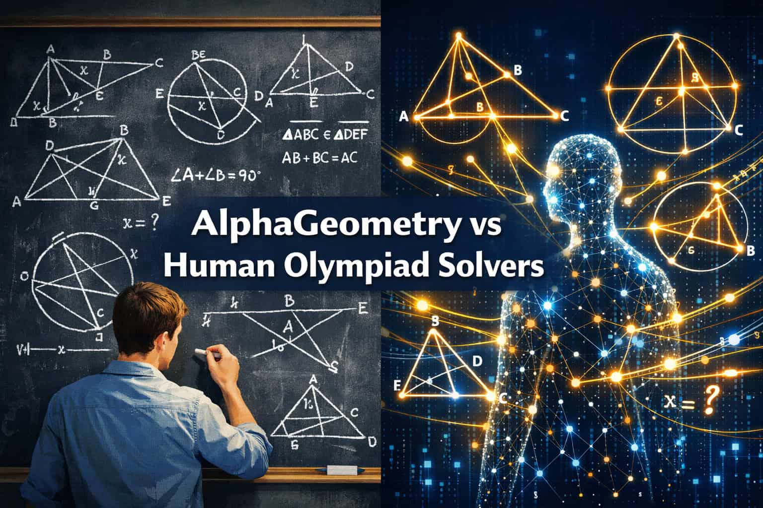 () split-screen visualization: left side shows a human mathematician working on geometry proofs at a chalkboard covered in