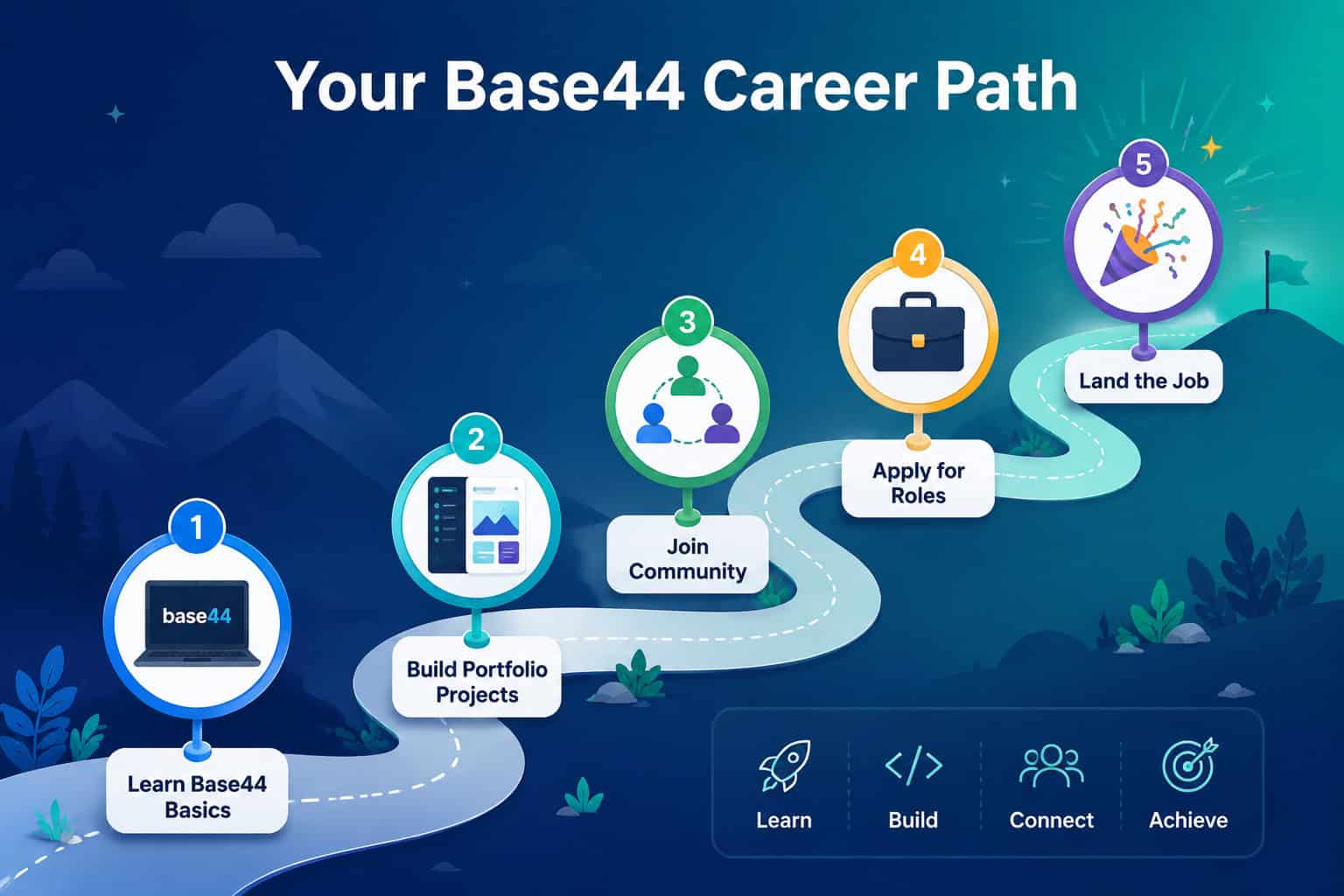 () step-by-step career roadmap visual showing a winding path from bottom-left to top-right with five milestone markers.