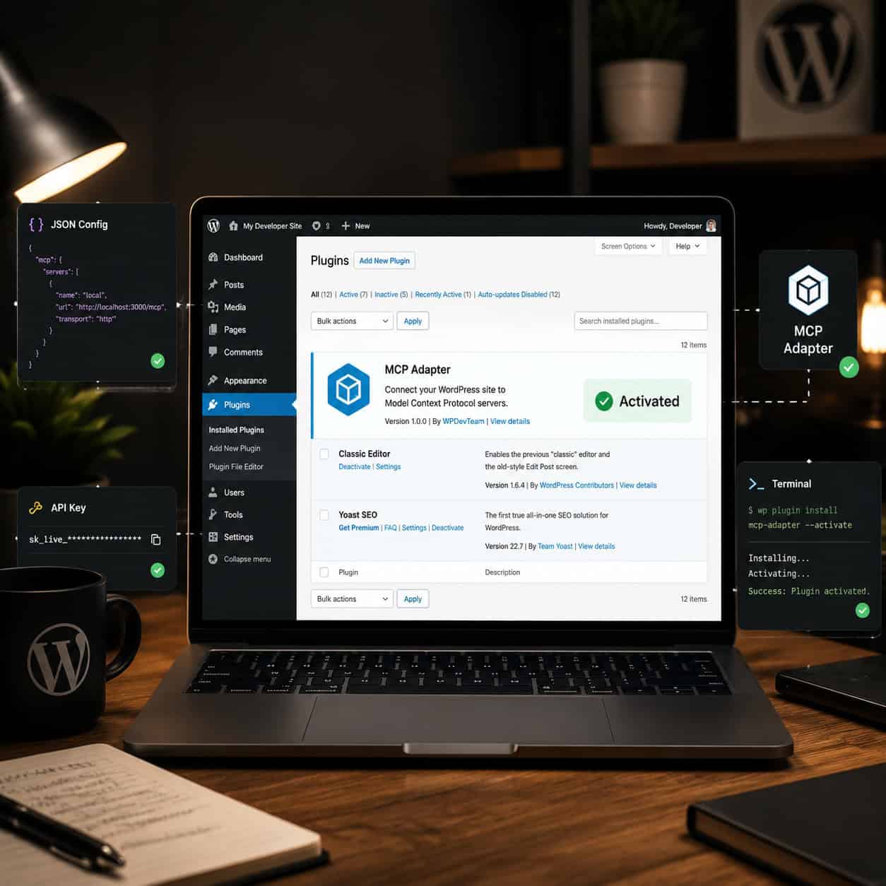 () step-by-step installation visual showing a developer laptop screen with a WordPress admin dashboard open to the plugins