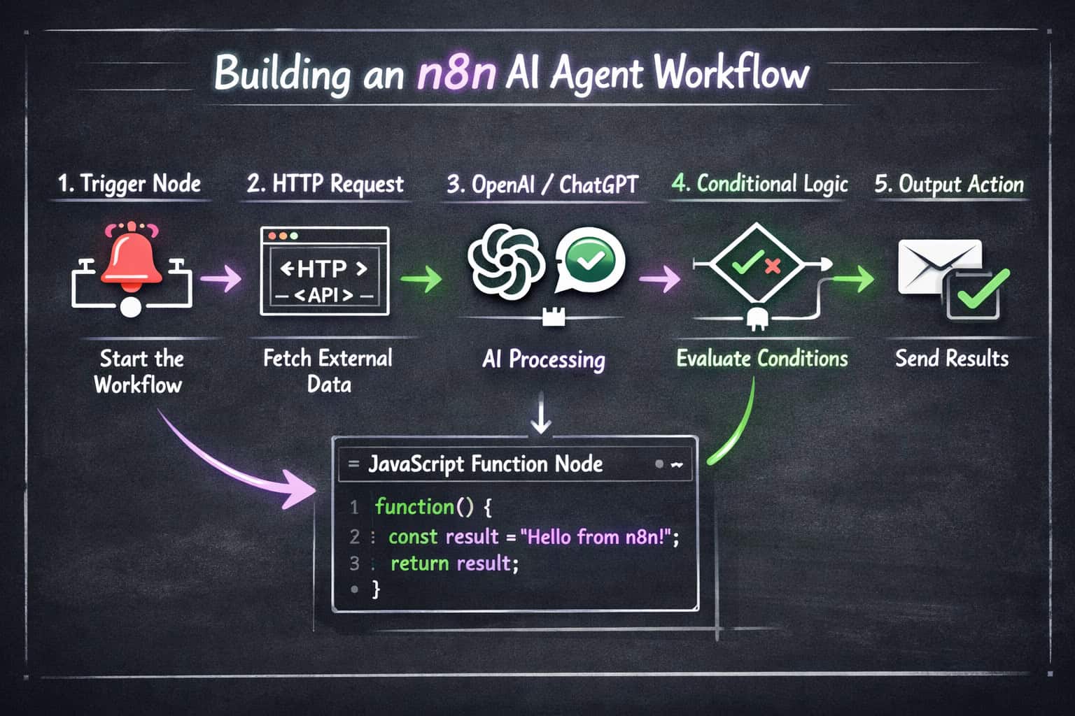() step-by-step process diagram showing five numbered stages of building an n8n AI agent workflow: trigger node, HTTP