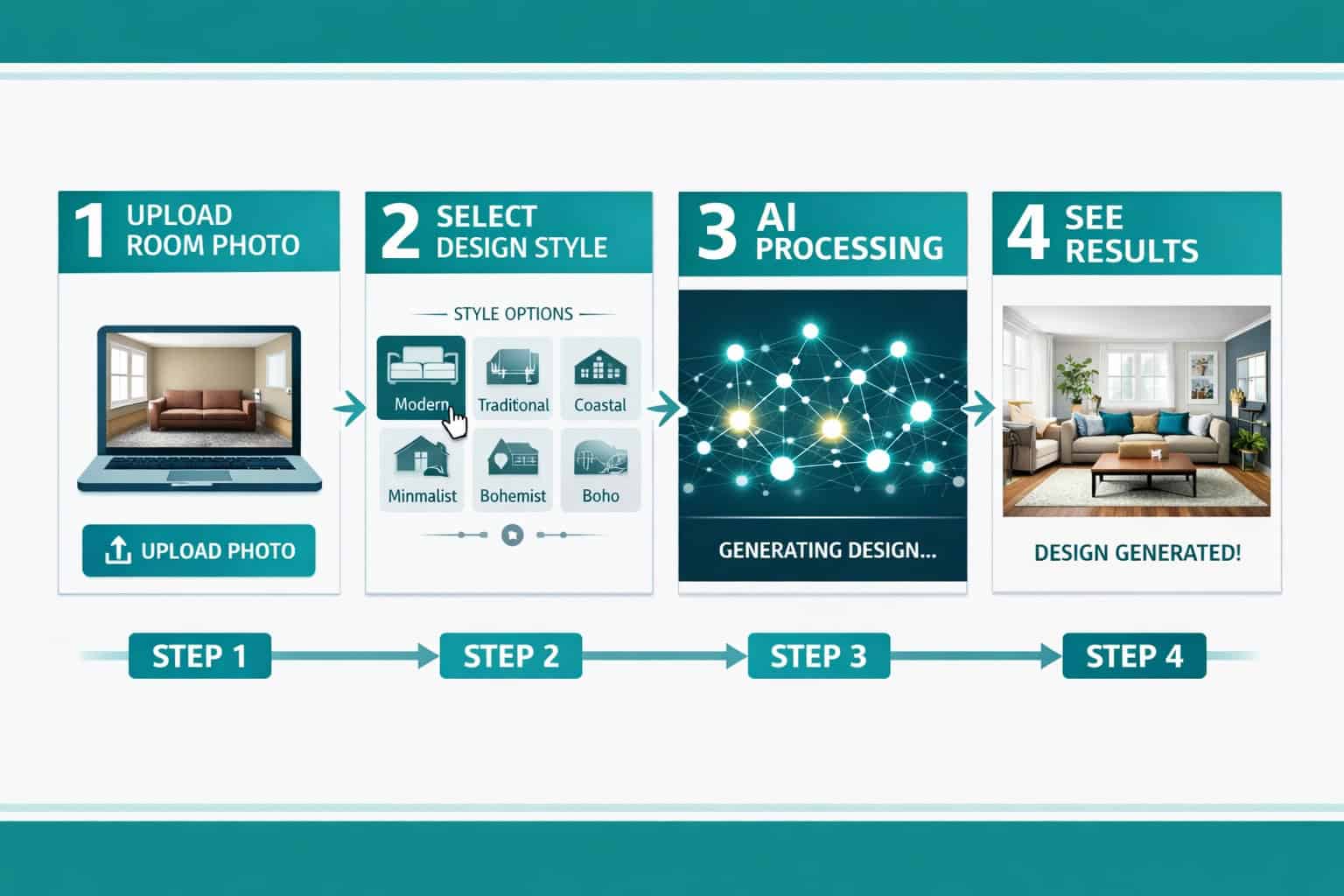 () step-by-step process infographic showing four stages of using a free AI home design generator: Step 1 upload room photo,