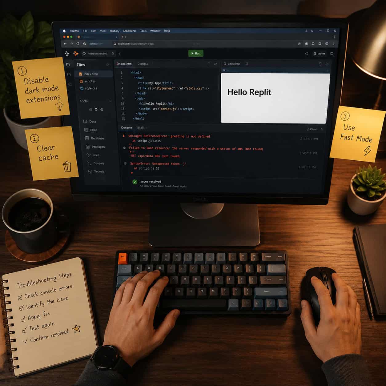 () step-by-step troubleshooting guide visual showing a developer's desktop workspace from above (bird's eye view). Screen