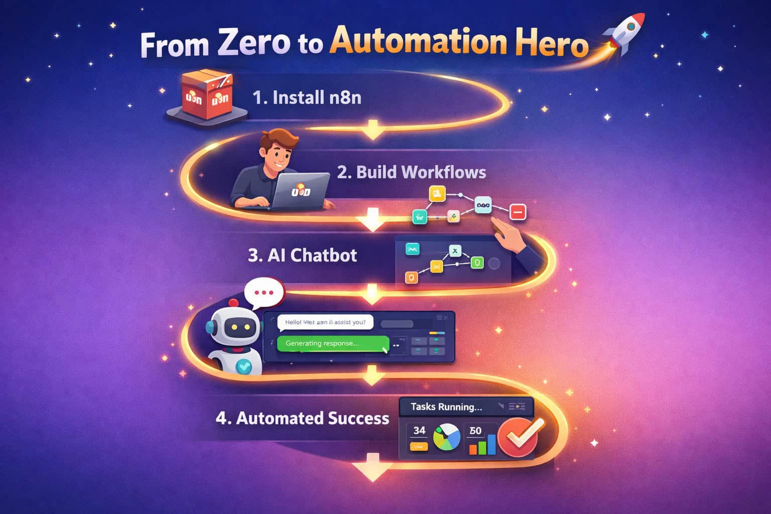 () step-by-step vertical timeline illustration showing a beginner's journey from zero to automation hero: Step 1 shows a