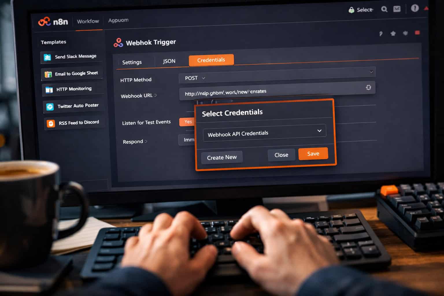 () step-by-step visual guide showing n8n node configuration panel open on screen, hands typing at keyboard in foreground,