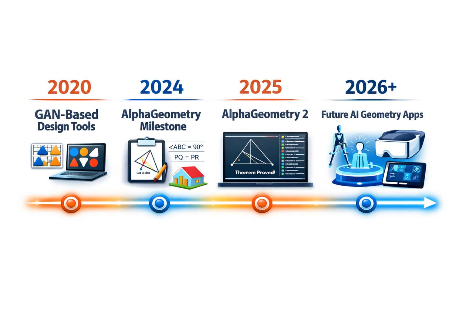 () timeline-style infographic showing the evolution of AI geometry tools from 2020 to 2026: icons and screenshots of