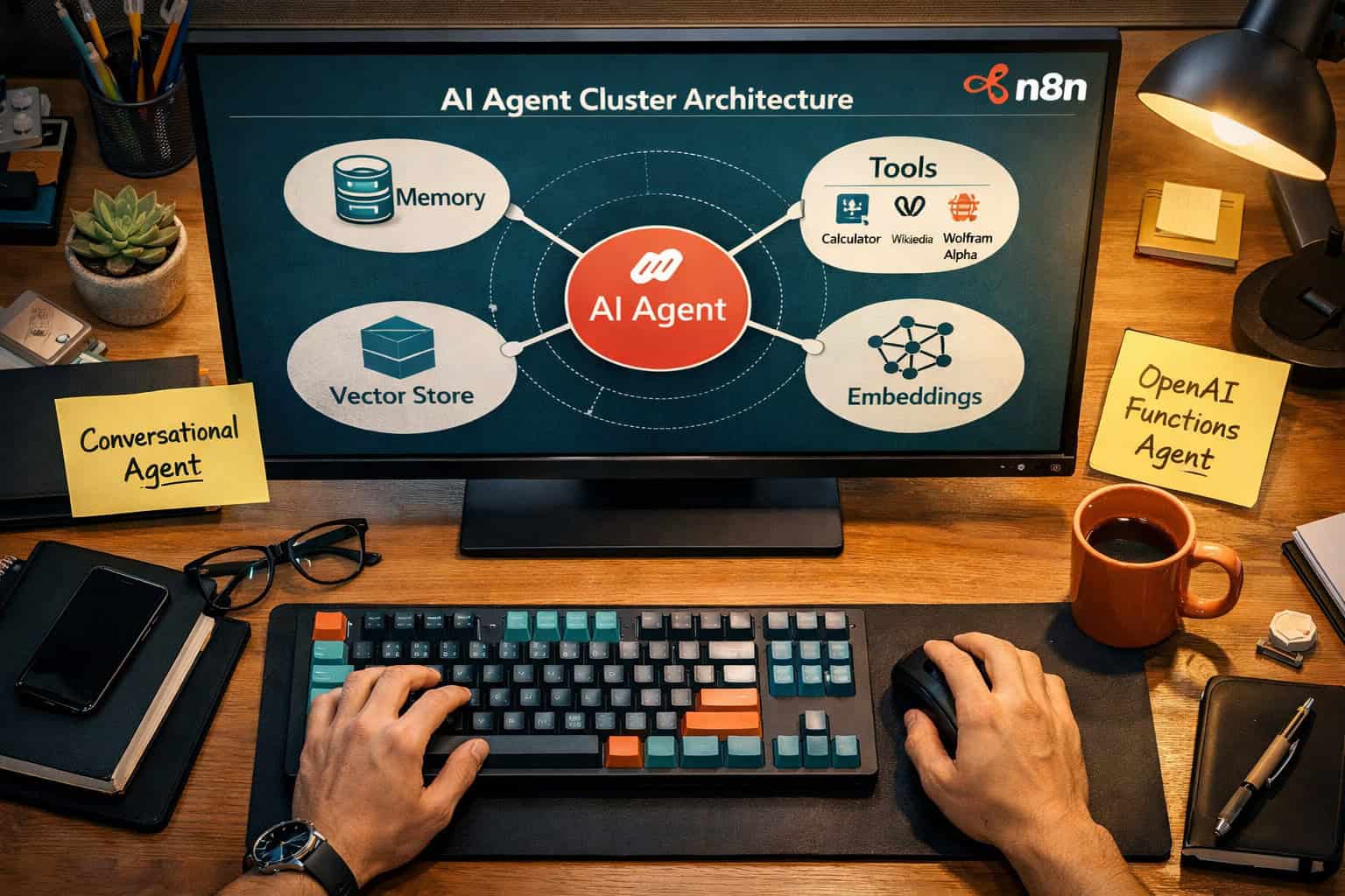 () top-down aerial view of a developer's desk with a large monitor displaying n8n's cluster node architecture: a root AI