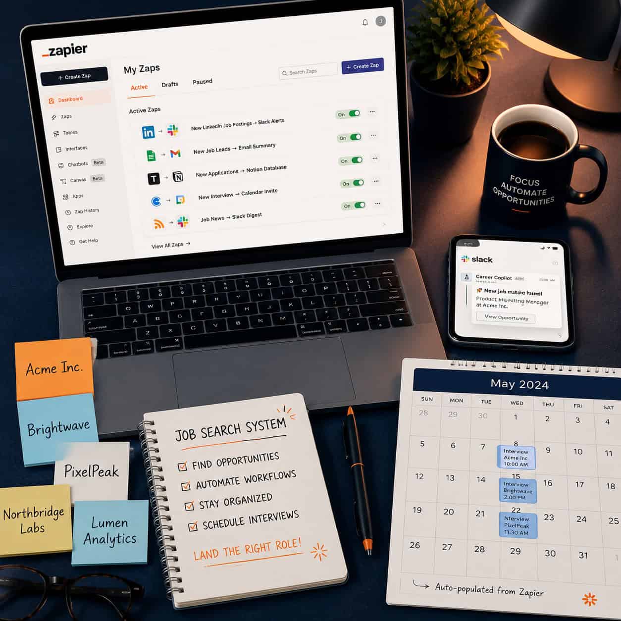 () top-down desk scene showing a job seeker's organized workspace: laptop displaying a Zapier dashboard with active zaps,