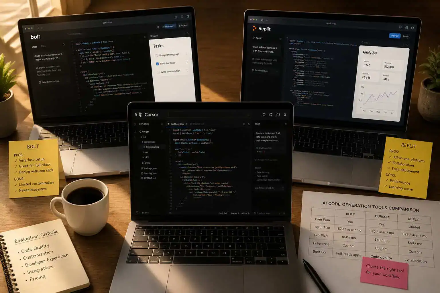 () top-down flat lay photograph style image of a wooden desk with three laptop screens arranged in a triangle formation.