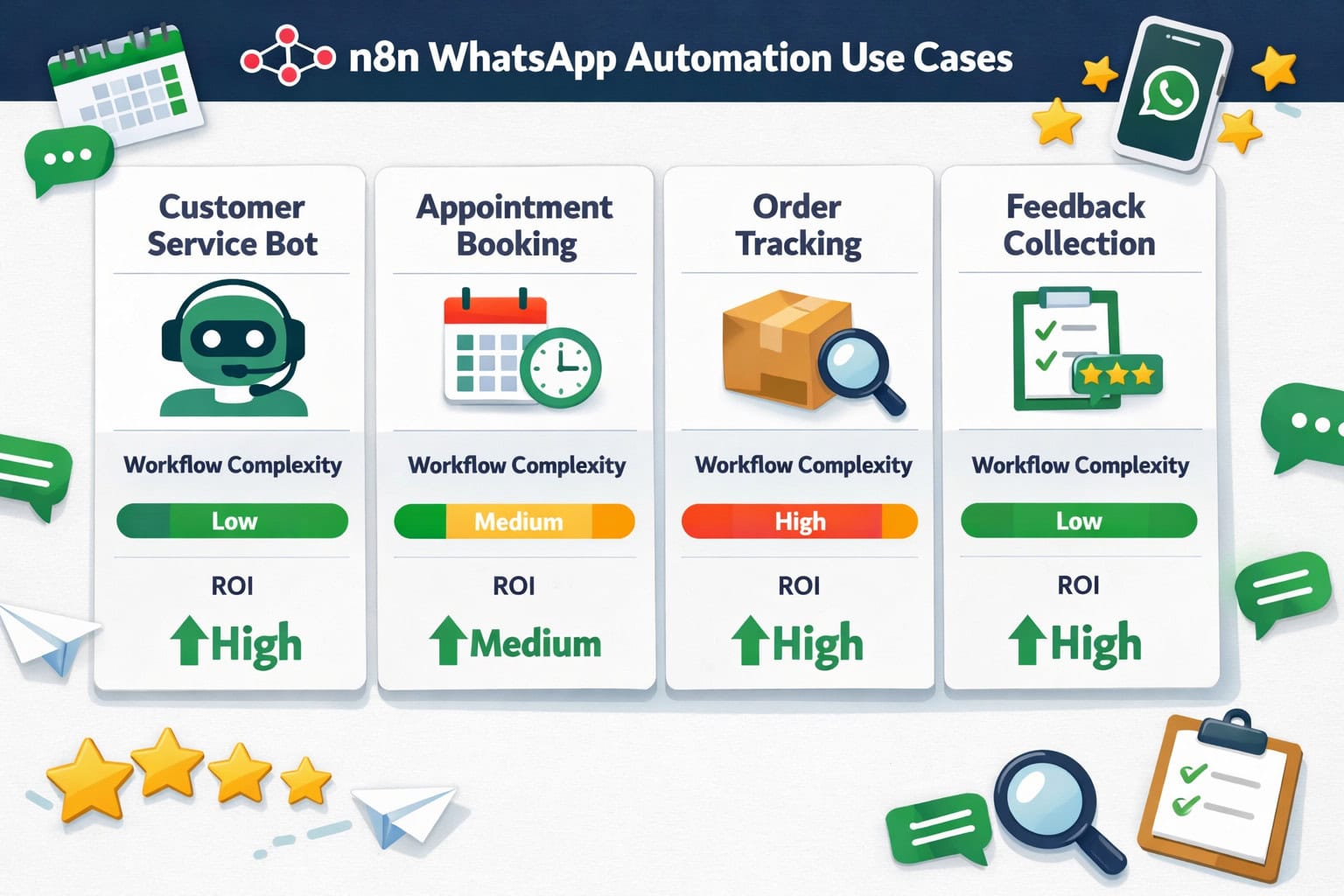 () top-down perspective showing a comparison table visualization of N8N WhatsApp automation use cases: customer service bot,
