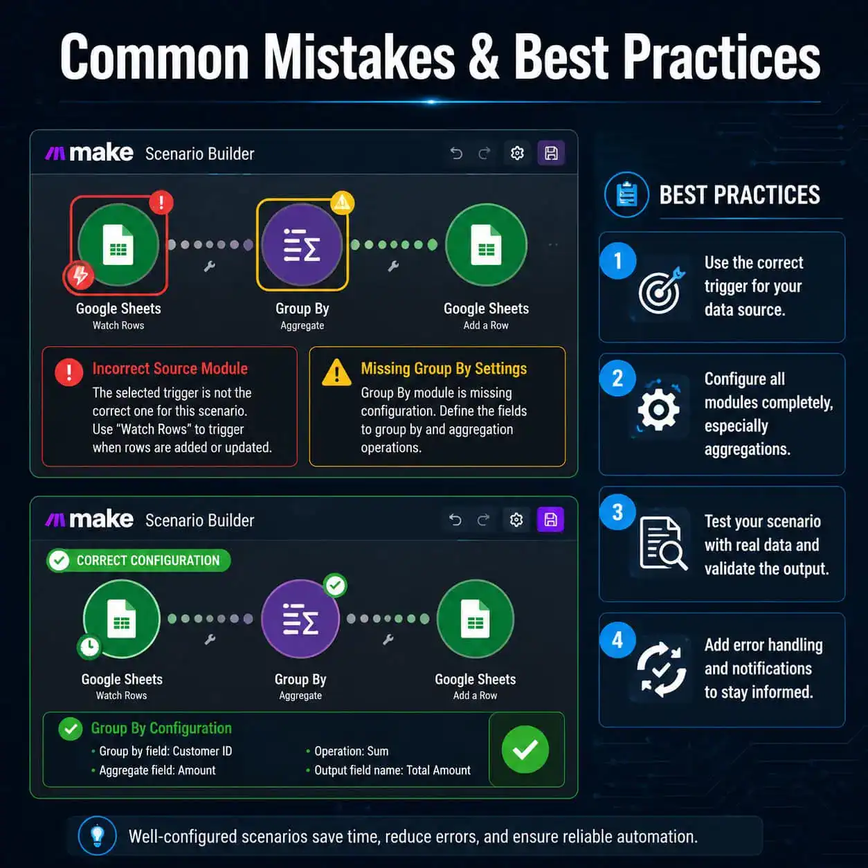 () troubleshooting and best practices visual showing a Make.com scenario builder screenshot mockup with highlighted error