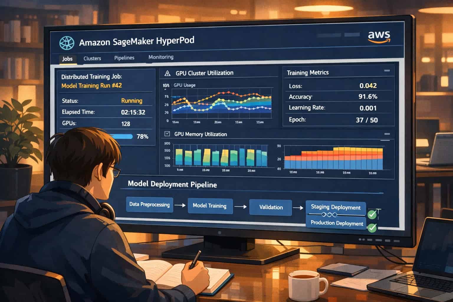 Man monitoring AWS AI training dashboard on large screen in office.